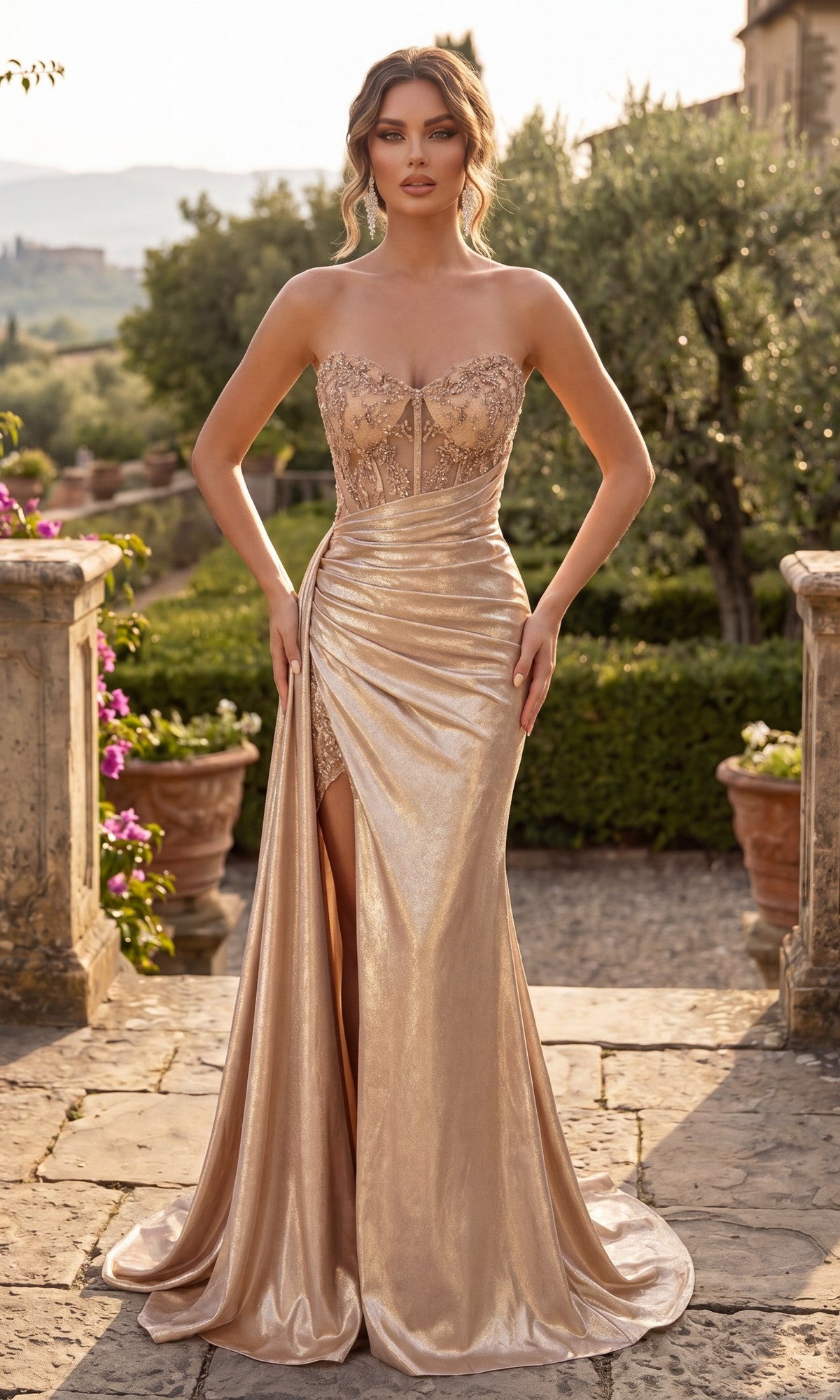 A woman stands outdoors on a stone path surrounded by greenery and potted plants, wearing the Chicas C843 Long Prom Dress in champagne—a strapless gown featuring a sweetheart neckline, beaded embellishments, and a thigh-high slit.